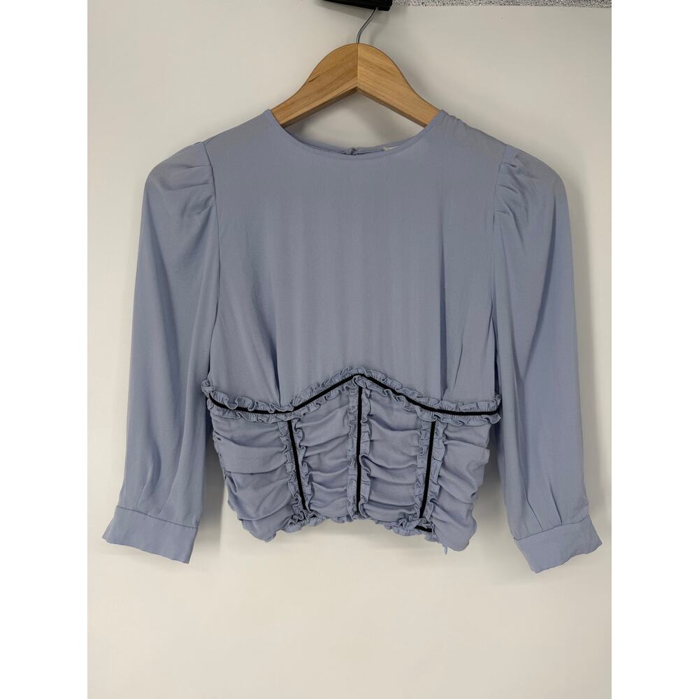 fleur du mal Love Bound Ruched Stretch Silk Top Ruffle Puff Sleeve Corset Blouse - Picture 2 of 12